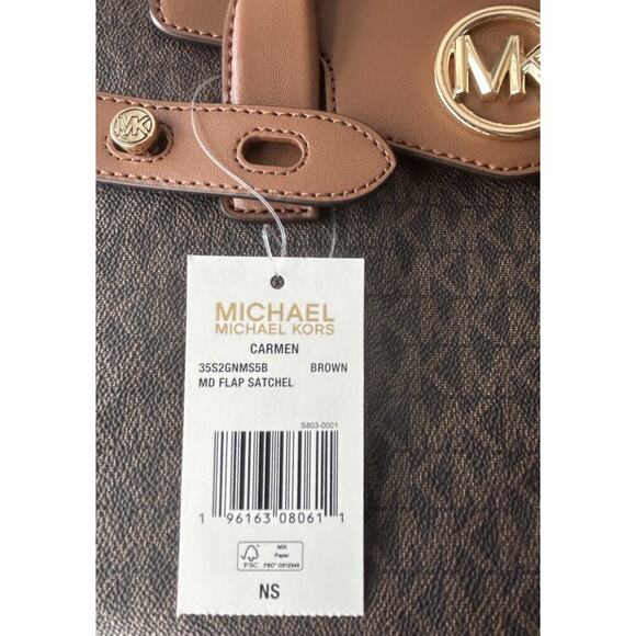 NWT Michael Kors Carmen Medium Flap Satchel Brown Handbag MK Crossbody Bag Purse - Picture 2 of 16